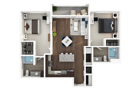 A top-down view of a house layout with a central living room, kitchen, and bedrooms.